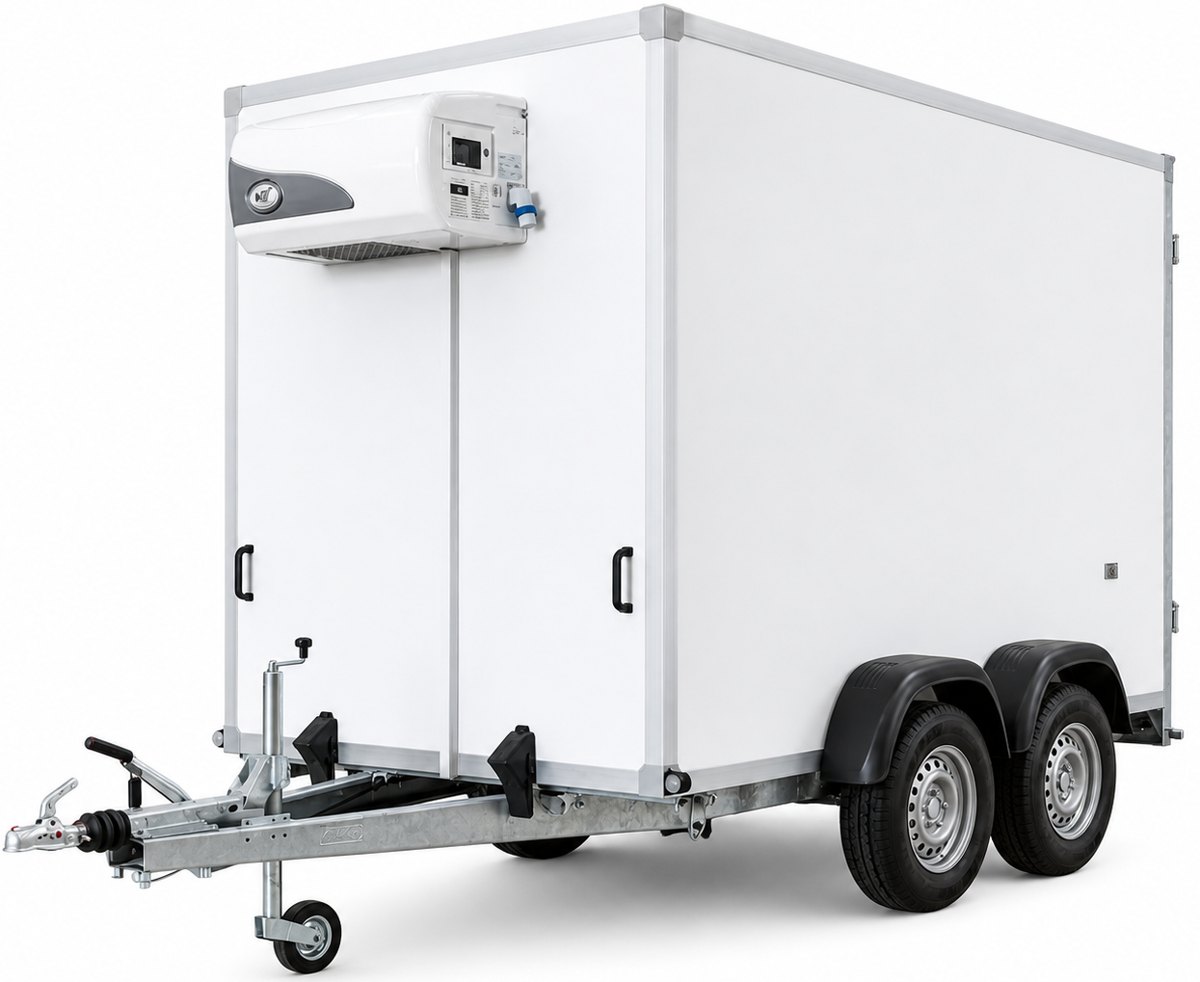 Ereste Arctic Star refrigerated trailer with its cooling unit, twin axles and galvanised drawbar