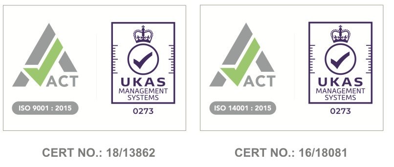 ISO 9001:2015 certificate 18/13862 and ISO 14001:2015 certificate 16/18081, both under UKAS accreditation