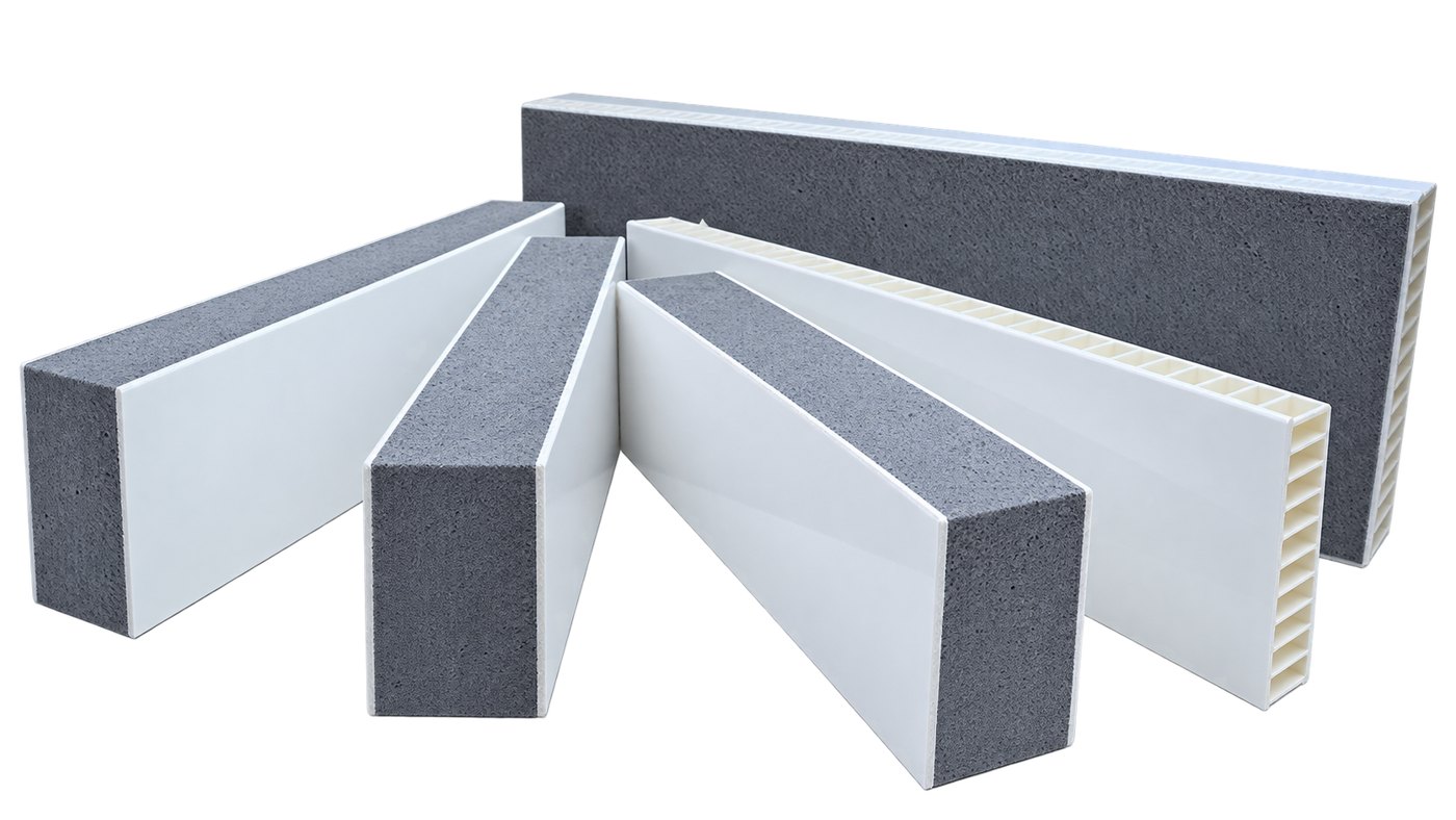 Sandwich panel sections in several thicknesses, cut to show the core