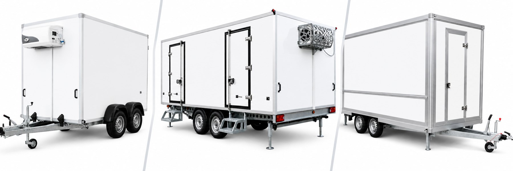 Three Ereste trailers side by side: Arctic Star refrigerated trailer, Multi-Temp trailer with side doors, and a mobile shop